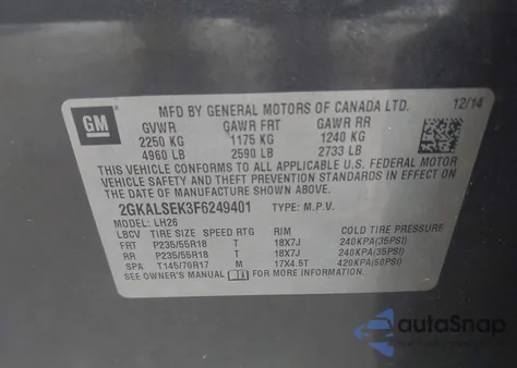 2015 GMC Terrain Slt-1 from USA, damaged, VIN 2GKALSEK3F6249401